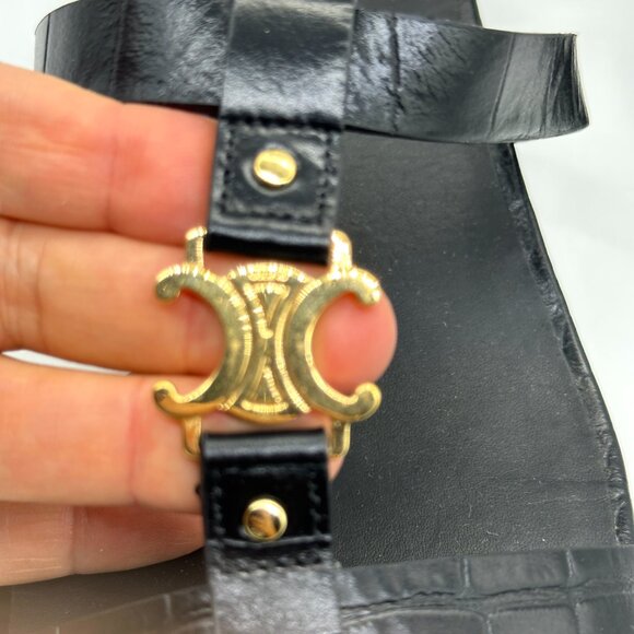 CELINE Triomphe Logo Crocodile Embossed Leather Strappy Block Heel Sandals - Picture 11 of 15